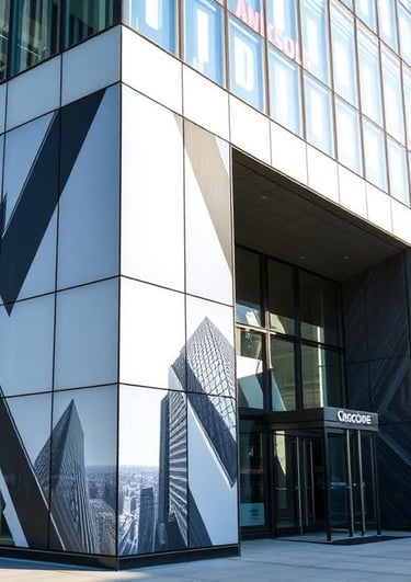 Modern glass office building with geometric black and white mural graphics on the exterior facade.