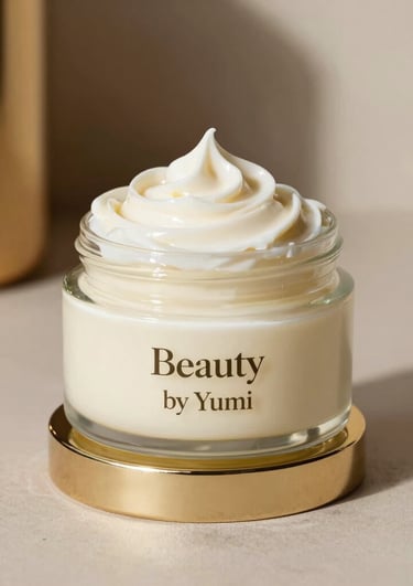 Elegant jars of personalized creams with floral decorations on a wooden table.
