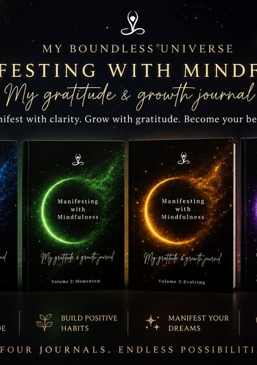 Set of four Manifesting with Mindfulness gratitude and growth journals in blue, green, gold, and purple.