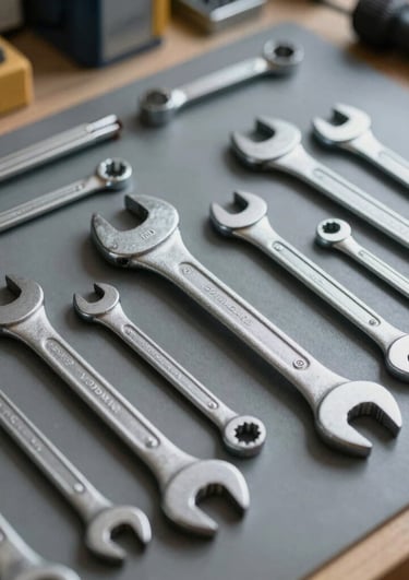 Close-up of various metal screws and bolts arranged neatly on a wooden surface.