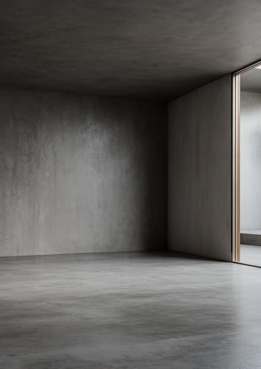 Minimalist modern interior with polished concrete floors and textured gray industrial walls.