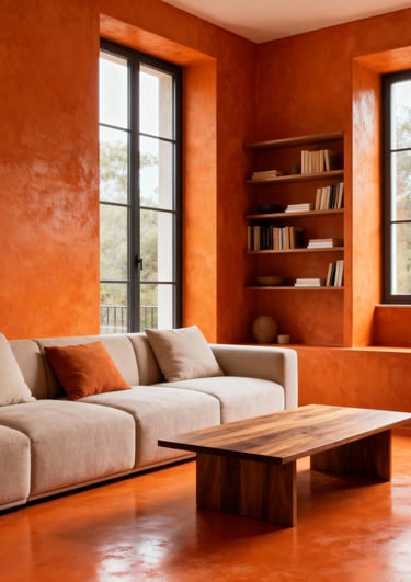 Modern living room with textured walls in vibrant orange microcement,