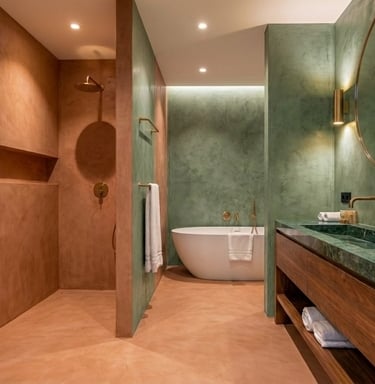 A modern and luxurious bathroom featuring microcement in a variety of colours