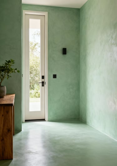 Modern entrance with walls covered in green microcement.