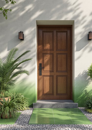 A modern entrance door in walnut with green microcement wall appliqués