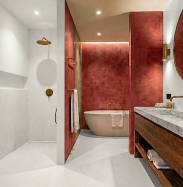 A modern and luxurious bathroom featuring microcement in a variety of colours