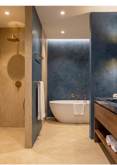 A modern and luxurious bathroom featuring microcement in a variety of colours