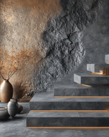 Modern interior with stone steps, LED lighting, and a textured slate feature wall.