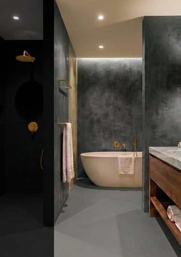 A modern and luxurious bathroom featuring microcement in a variety of colours