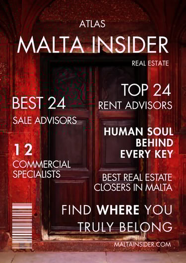 Malta Insider real estate magazine cover featuring a rustic red wooden door and property advisor rankings.