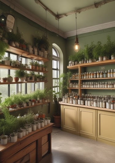 A cozy herbal shop corner with jars of dried herbs and natural remedies displayed warmly.