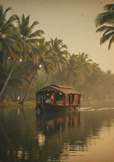Traditional Kerala houseboat cruising through calm backwaters lined with tropical palm trees at sunset.