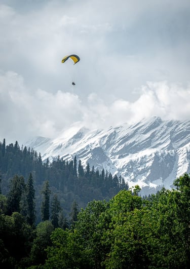 Tandem paragliding over a lush green forest with snow-capped mountain peaks and a cloudy sky.