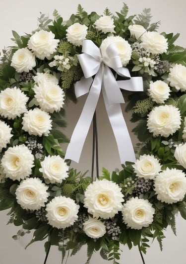 A close-up of a fresh funeral wreath with white lilies and greenery, arranged with care.