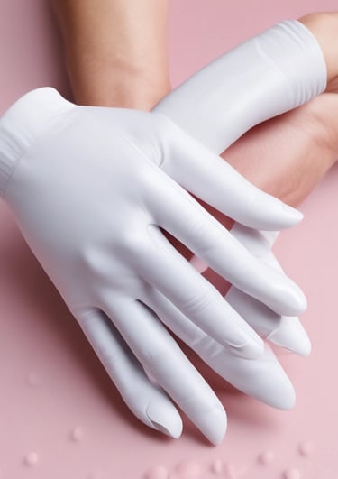 White moisturizing hand treatment gloves on a soft pink surface for overnight spa skincare.