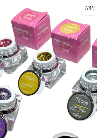 Miracle professional glitter gel nail polish set in pink, gold, silver, and lilac pots.
