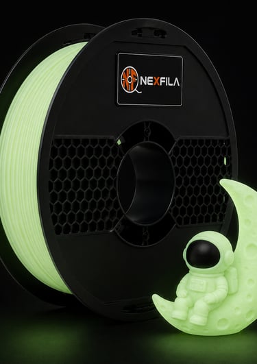 NEXFILA Glow in the Dark PLA+ luminous 3D printer filament spool for glowing creative 3D prints.
