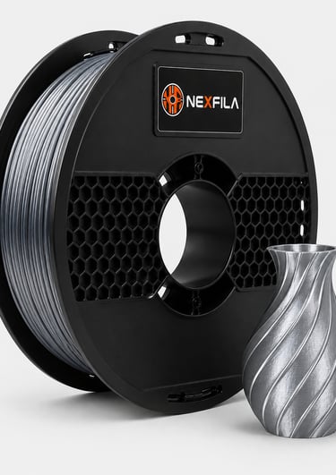 NEXFILA Metallic PLA+ 3D printer filament spool with realistic metallic finish for premium 3D prints