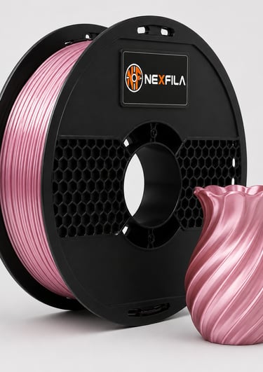 NEXFILA Silk PLA+ glossy 3D printer filament spool for smooth, shiny and premium-looking prints.