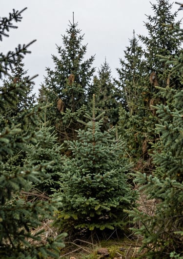 A dense forest with tall pine trees under a cloudy sky.