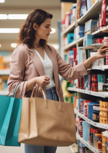 a woman holding a shopping bag and looking at her phone