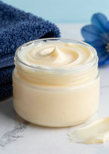 A close-up of creamy, whipped body butter in a glass jar with soft teal accents.