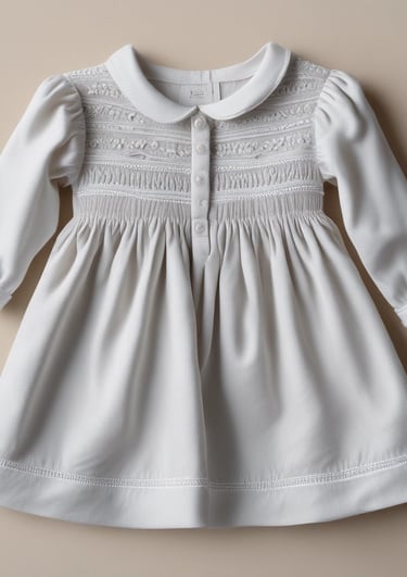 Soft pastel smocked dress hanging gently on a wooden hanger against a cream wall.