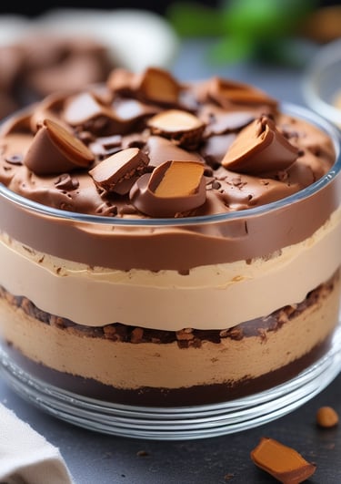 Close-up of a creamy no-bake chocolate mousse in a festive glass with Christmas decorations.