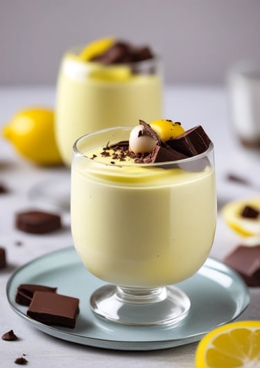 Close-up of a creamy no-bake chocolate mousse in a festive glass with Christmas decorations.
