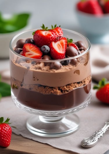 Colorful layered fruit parfait in a clear jar with holiday ribbons and pine branches.