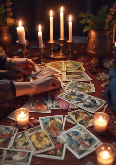 A serene ritual setup with candles and crystals.