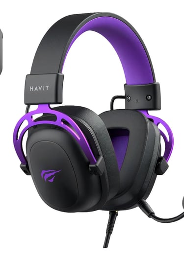 Black and purple Havit gaming headset with boom microphone and 7.1 surround sound controller.