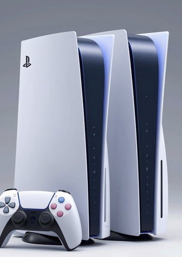 Two Sony PlayStation 5 consoles standing vertically with a white DualSense wireless controller.