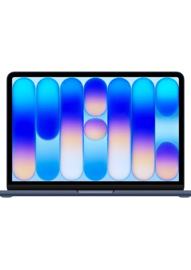 A blue Apple MacBook Air laptop featuring a vibrant abstract wallpaper on a Liquid Retina display.