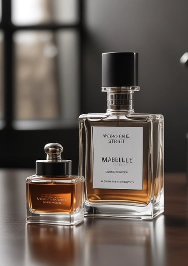 A sleek bottle of woody men's perfume on a dark wooden surface