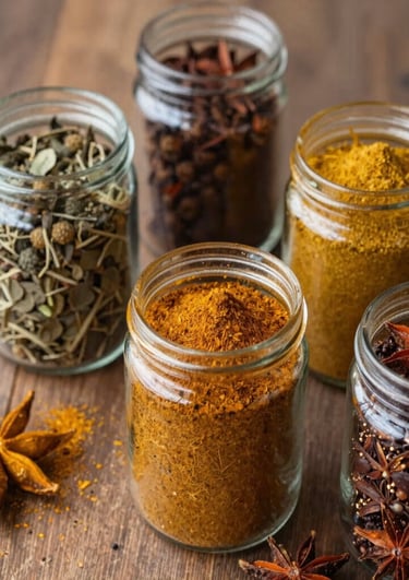 Close-up of vibrant Kerala spices arranged artfully on a rustic wooden surface.