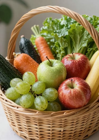 A vibrant basket brimming with freshly picked vegetables and fruits against a rustic farm backdrop.