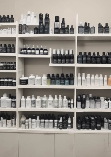 Rows of professional hair and spa products neatly arranged on shelves.