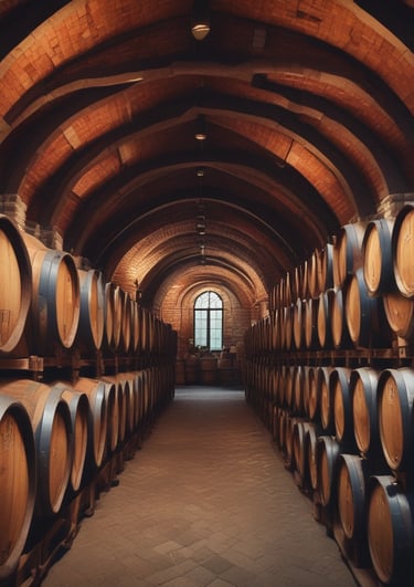 File di botti di rovere invecchiano il vino in una rustica cantina sotterranea in pietra con soffitt