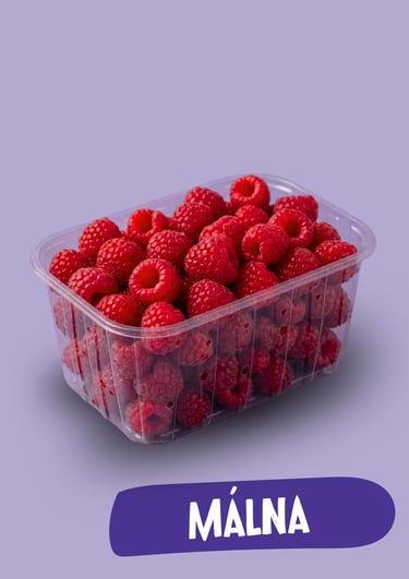 Friss piros málna műanyag tartályban, lila háttérrel és Malna felirattal.