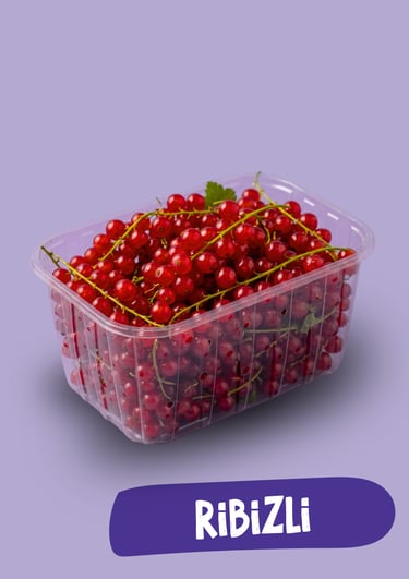 Friss piros ribizli átlátszó műanyag tartályban, lila háttér előtt.