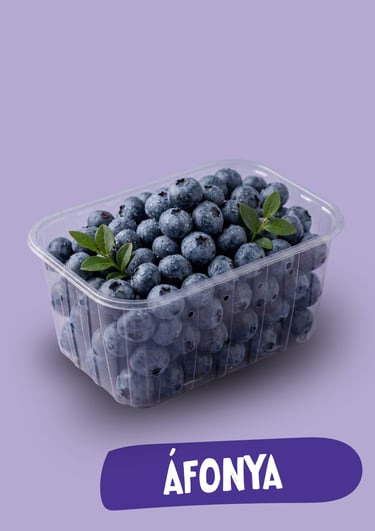 Friss, nyers áfonya vízcseppekkel egy átlátszó műanyag edényben, lila háttér előtt.