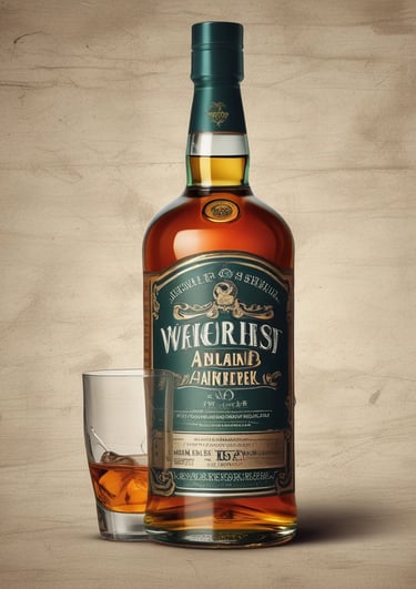 A sleek bottle of bourbon whiskey with a glass of whiskey on the rocks beside it