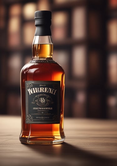 A sleek bottle of bourbon whiskey with a glass of whiskey on the rocks beside it