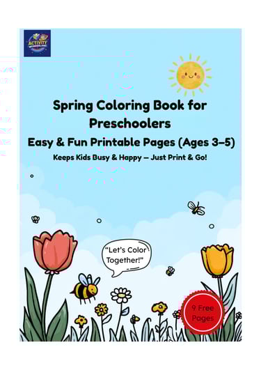 Cover of a Spring Coloring Book for Preschoolers featuring printable pages with flowers, bees, and a sun.