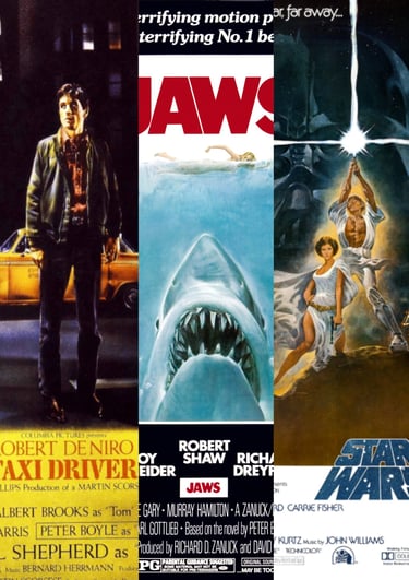 1970s movie posters - Taxi Driver, Jaws, and Star Wars