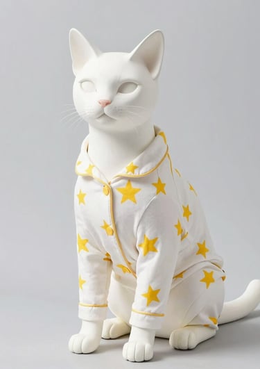 Un maniquí de gato blanco con un bonito pijama de estampado de estrellas, sobre un fondo gris