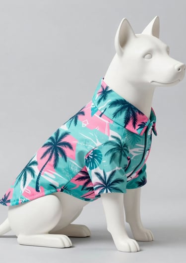 Maniquí de perro blanco con una camiseta para mascotas con estampado de palmeras en color verde