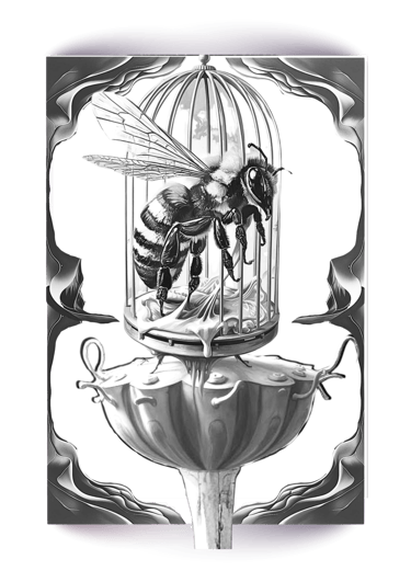 Surreal freebie coloring page of a bumblebee trapped inside a metal birdcage at