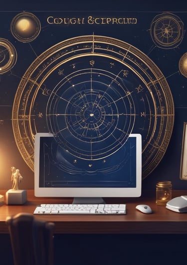 A sleek digital tablet displaying a glowing personalized astrology chart under a starry cosmic background.